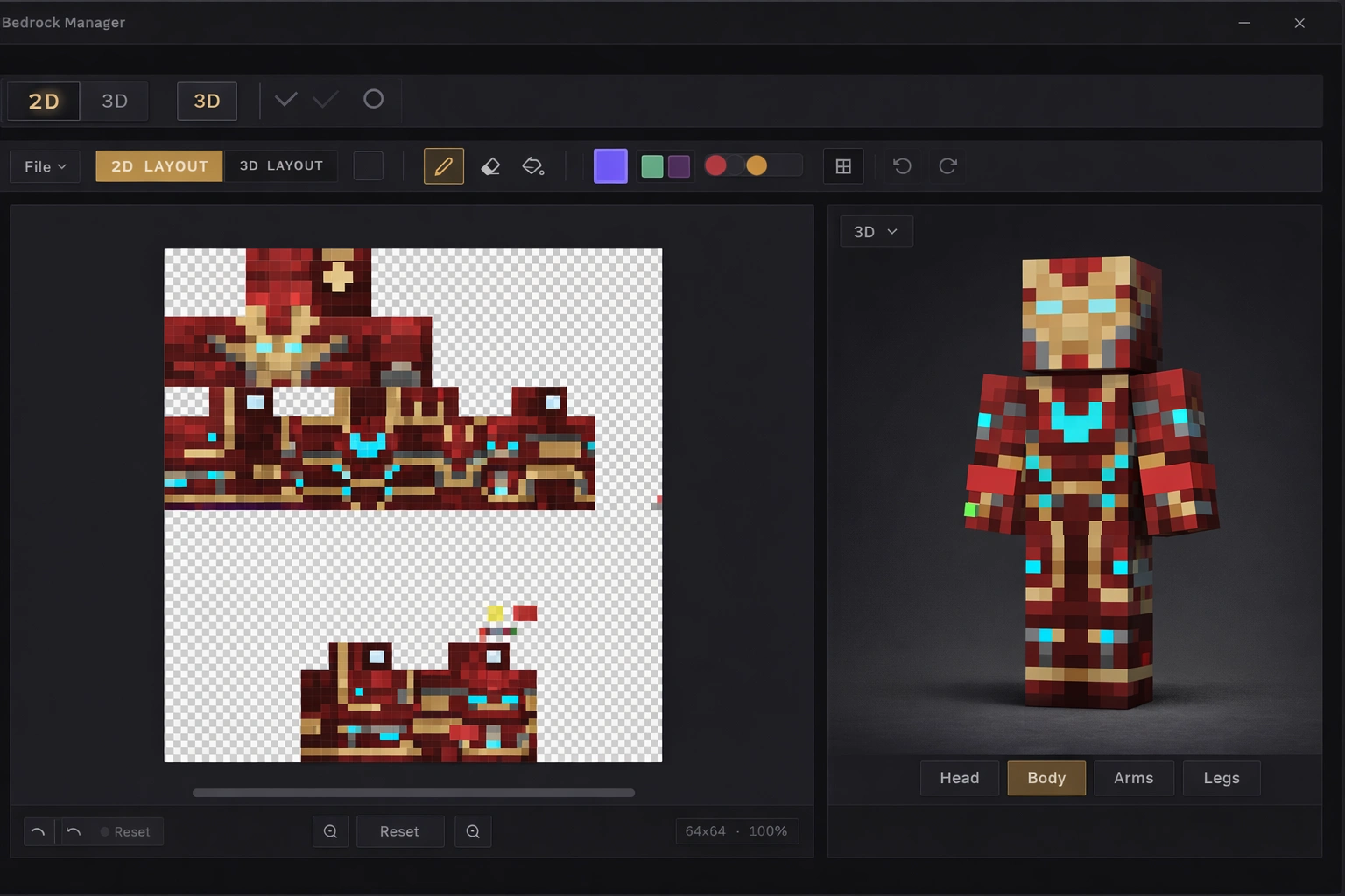 Skin editor with 2D pixel canvas and live 3D preview